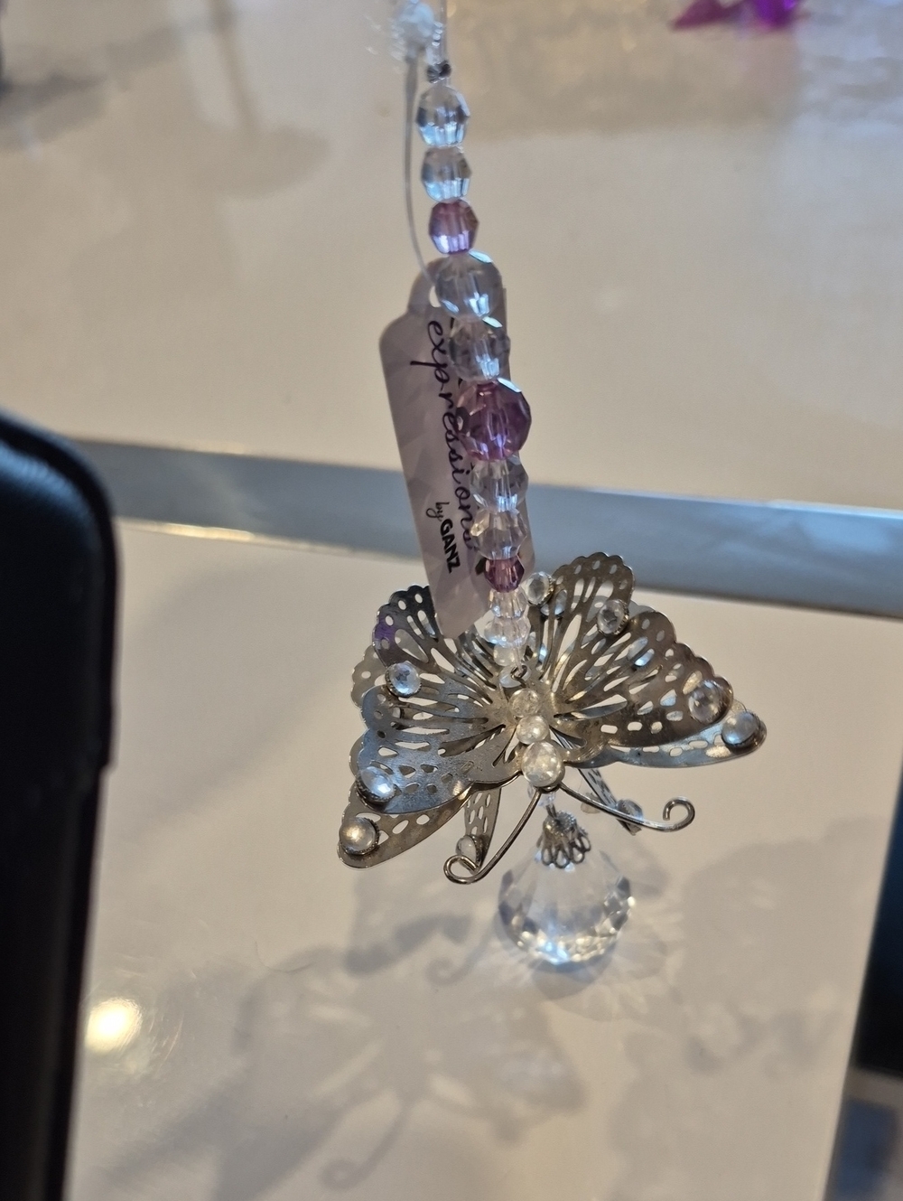 Silver Butterfly Crystal Hanging Ornament with Pink Beads